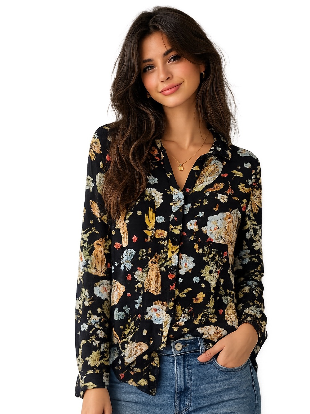 Anthropologie Black Floral Button-Down Shirt